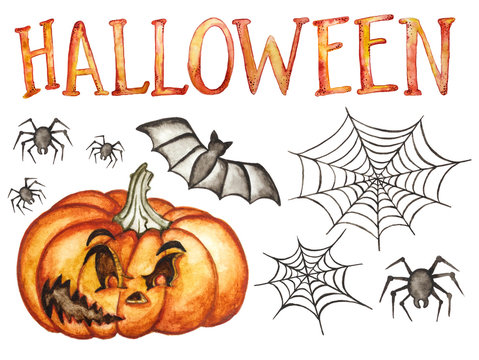 Halloween hand drawn collection isolated on white background. Watercolor illustration. Pumpkin, spider, bat, spider's web