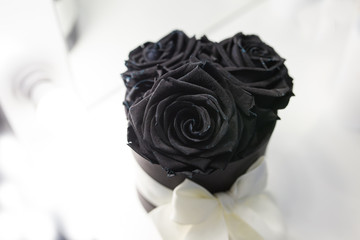 Black roses in a box with a white bow on a white background