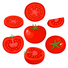 Bright vector set of fresh juice tomato isolated on white.