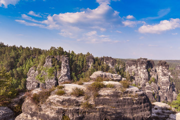 Bastei Rocks in Swiss Saxony, around the ruins of Neurathen Castle. Germany.