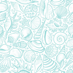Seashells vector seamless pattern. Blue line background.