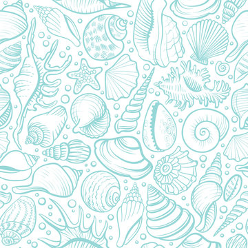 Seashells vector seamless pattern. Blue line background.