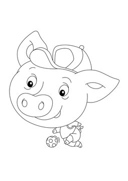 cartoon scene with happy funny and young pig playing football - on white background - coloring page - illustration for children