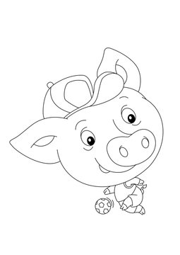 cartoon scene with happy funny and young pig playing football - on white background - coloring page - illustration for children