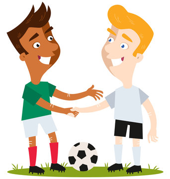 Zwei Cartoon Fußballspieler verschiedener Mannschaften geben sich die Hand, stehen auf Fußballplatz, Respekt und Fair Play