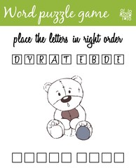 Words puzzle game with teddy bear. Place the letters in right order. Learning vocabulary. Educational game for children