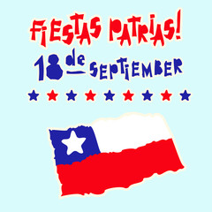 Flat fiestas patrias design card with text fiestas patrias in Chile national state flag colors Vintage grunge torn paper style.