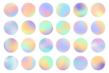 Holographic round frames set. Trendy backdrops for logos, signs or letering. Hologram bubbles. Pastel smooth textures. Modern vector backgrounds for web design or printed products.