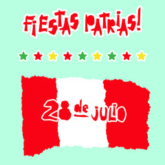 Flat fiestas patrias design card with text fiestas patrias in Peru national state flag colors Vintage grunge torn paper style.