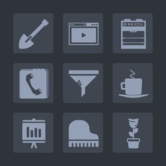 Premium set of fill icons. Such as clean, home, filter, web, kitchen, musical, service, plant, online, food, shovel, pot, cafe, conditioner, construction, contact, drill, music, website, report, room