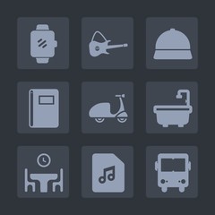 Premium set of fill icons. Such as table, page, bathroom, cap, technology, food, note, paper, bicycle, rock, musical, dinner, gadget, family, bus, business, background, touch, device, notebook, bike