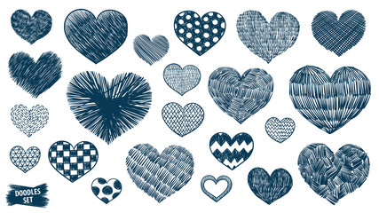 Hearts doodles set. Valentines day scrawl. Romantic stickers collection. Hand drawn effect vector. Wedding and marriage doodles. Love theme simple sketches. Hearts scribbles.