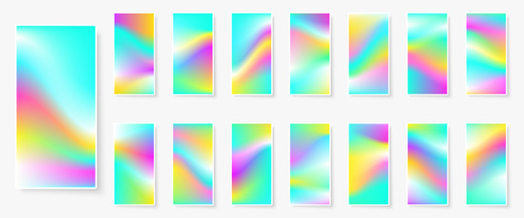 Holographic background. Multicolor texture. Hologram glitch. Smooth blur. Smartphone wallpapers bundle. Trendy vector backdrops for gadget. Phone screen vibrant textures.