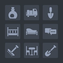 Premium set of fill icons. Such as kid, construction, food, shipping, home, equipment, bedroom, van, tool, white, talk, table, sofa, autumn, ingredient, delivery, truck, shovel, oil, transport, chair