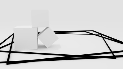 White cubes and black frame on white background, 3D rendering, Illustration.