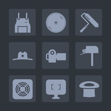 Premium set of fill icons. Such as sheriff, photographer, texas, box, white, wear, disc, post, cd, technology, west, sound, work, message, painter, pinafore, chef, disk, compact, camera, mail, roller