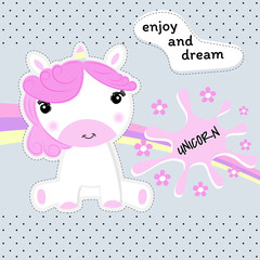 Obraz na płótnie Canvas Greeting card cute cartoon baby unicorn