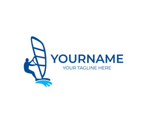 Windsurfing and windsurfer on waves, logo template. Extreme and water beach sports, vector design. Board with a sail and man standing on board, learning and training to windsurf, illustration