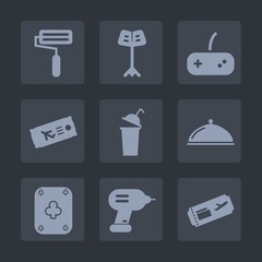 Premium set of fill icons. Such as hot, musical, dish, tool, concert, black, plate, musician, sign, ticket, poker, controller, drink, industry, airplane, music, air, casino, journey, travel, cup, fly