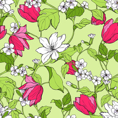 Seamless pattern with flowers magnolia and tulips