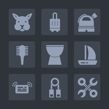 Premium set of fill icons. Such as brush, happy, repair, music, observatory, journey, rabbit, notification, transportation, travel, service, hair, space, bag, bunny, wind, easter, musical, suitcase