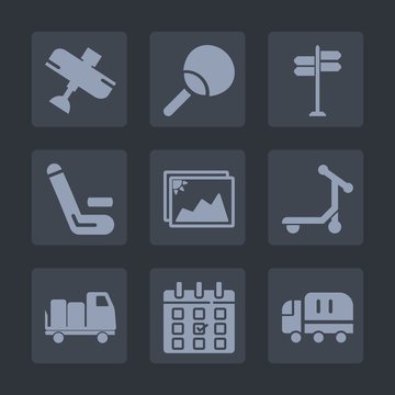 Premium set of fill icons. Such as day, scooter, shipping, fly, pong, airplane, competition, match, cargo, transport, direction, timetable, sport, arrow, travel, aircraft, game, time, ball, schedule