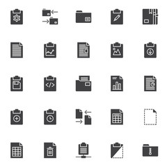 Files and folders vector icons set, modern solid symbol collection, filled style pictogram pack. Signs, logo illustration. Set includes icons as clipboard with cog gear, data exchange, document file