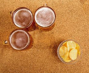 Glasses with beer on the table. The view from the top.