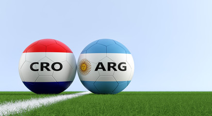 Croatia vs. Argentina Soccer Match - Soccer balls in Argentina and Croatia national colors on a soccer field. Copy space on the right side - 3D Rendering 