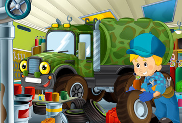 cartoon scene with garage mechanic working repearing some vehicle - army car - or cleaning work place - illustration for children