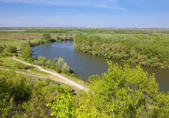 beautiful spring landscape,aerial view of green forest and river