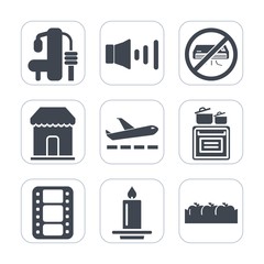 Premium fill icons set on white background . Such as sport, movie, conditioner, fire, film, volume, food, departure, fruit, machine, flight, sale, travel, flame, cooking, gym, box, retail, sound, shop