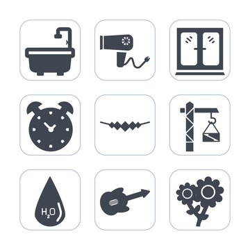 Premium fill icons set on white background . Such as style, saw, flower, sign, hammer, hairdryer, spring, dryer, wood, musical, alarm, floral, clock, toilet, beauty, cabinet, nature, jewelry, shower