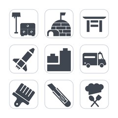 Premium fill icons set on white background . Such as interior, shelter, winter, landmark, ice, religion, drawing, travel, gate, restaurant, launch, white, arctic, ambulance, brush, table, snow, sofa
