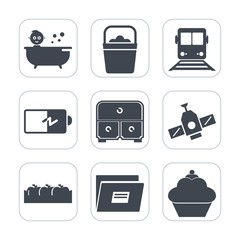 Premium fill icons set on white background . Such as fruit, transportation, baby, white, train, bucket, full, electricity, paper, kid, battery, child, technology, box, station, doughnut, apple, space