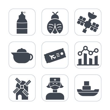 Premium fill icons set on white background . Such as graph, nature, flight, mill, sign, dragonfly, medical, business, butterfly, power, health, chart, travel, ocean, plane, ticket, teapot, airplane