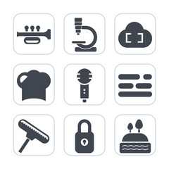 Premium fill icons set on white background . Such as doughnut, sign, music, template, hat, table, voice, kitchen, research, science, instrument, virus, laboratory, trumpet, paint, web, microphone
