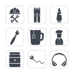Premium fill icons set on white background . Such as business, sky, fresh, foreman, industry, raw, fun, work, male, technology, music, summer, ripe, jeans, occupation, clothes, tea, food, carrot, kite