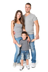 Family Full Length Portrait, Mother Father and Child, Happy Parents with Kid Son, Three People over...