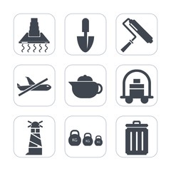 Premium fill icons set on white background . Such as breakfast, hotel, construction, weight, garbage, teapot, ocean, roll, equipment, flight, can, bellboy, electric, painter, color, kilogram, white