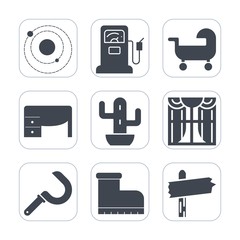 Premium fill icons set on white background . Such as science, style, petroleum, way, fuel, leather, farming, arrow, station, desert, system, work, home, service, astronomy, desk, window, light, sickle