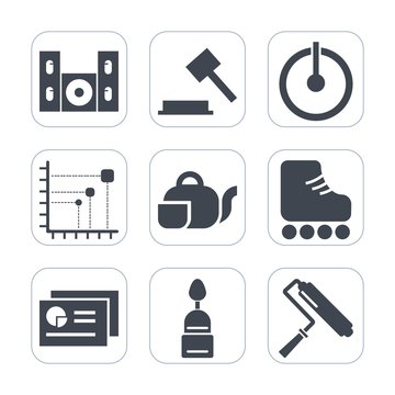 Premium fill icons set on white background . Such as hammer, diagram, justice, chart, sound, leisure, technology, teapot, cinema, document, judge, cake, off, drink, fun, tea, paint, speaker, sport, tv
