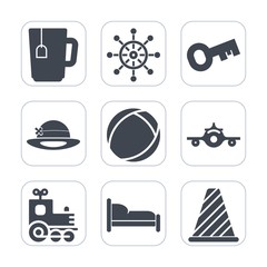 Premium fill icons set on white background . Such as transport, cap, hat, traffic, boat, key, cup, lock, coffee, train, street, sea, toy, locomotive, object, nautical, home, tea, flight, bed, aircraft