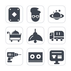 Premium fill icons set on white background . Such as play, car, nature, global, electricity, lamp, cargo, universe, music, space, planet, ecommerce, casette, sale, food, retro, service, transport, old
