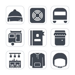 Premium fill icons set on white background . Such as telephone, sport, food, vacation, jacket, fan, baseball, jar, honey, jam, cap, journey, road, hat, travel, air, cooling, transportation, style, bar