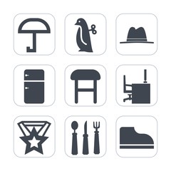 Premium fill icons set on white background . Such as rain, fridge, weather, toy, room, fashion, spoon, meteorology, child, white, kitchen, umbrella, baby, sign, desk, footwear, children, fun, office