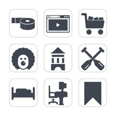 Premium fill icons set on white background . Such as makeup, commerce, media, bedroom, tower, desk, horror, furniture, bed, water, character, business, boat, clown, paddle, shop, halloween, table, buy