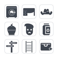 Premium fill icons set on white background . Such as notebook, housework, work, business, sweet, computer, white, laundry, ladder, jar, food, appliance, desk, banner, graphic, top, clothes, sale, hat