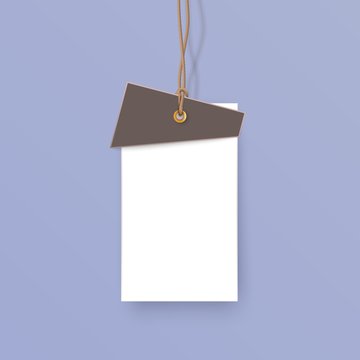 Tag hanging on a string Realistic object isolated on colored background with place for text Vector illustration