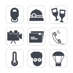 Premium fill icons set on white background . Such as video, cap, location, restaurant, screen, phone, beverage, wineglass, movie, hipster, projector, thermometer, sign, equipment, retro, red, pointer